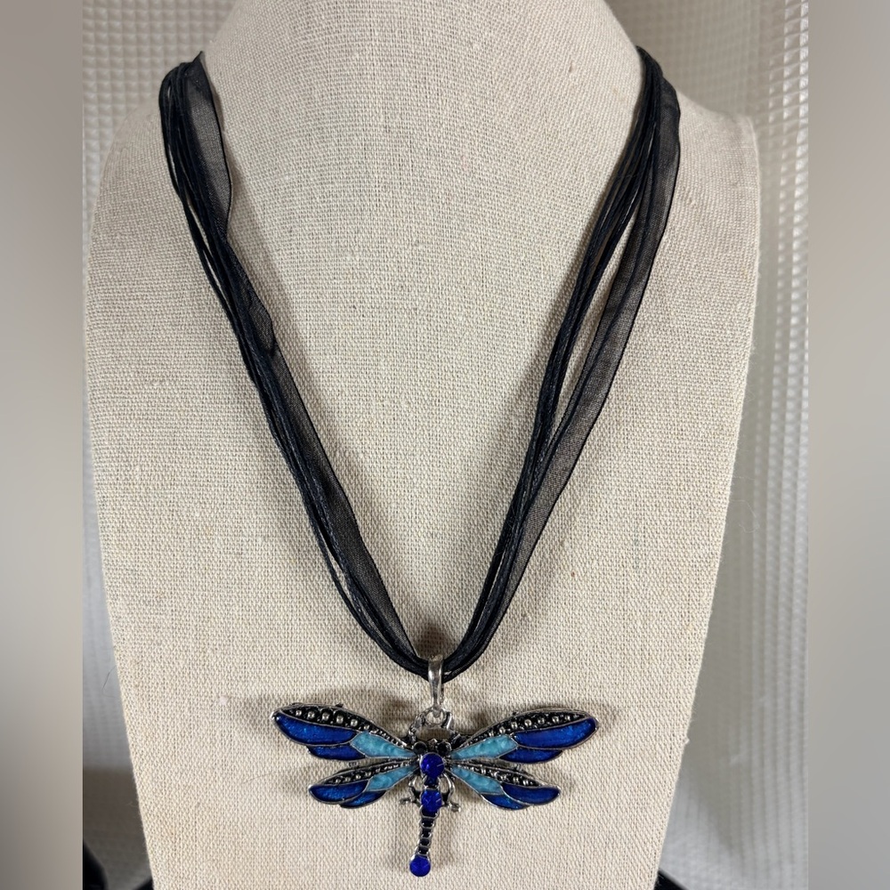 Blue and Silver Dragonfly Pendant Necklace - Picture 1 of 5